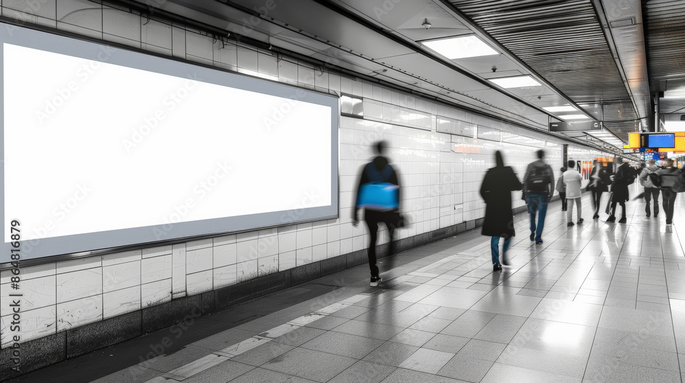 Blank white billboard mockup in a bustling subway station Blank white billboard mockup in a bustling subway station