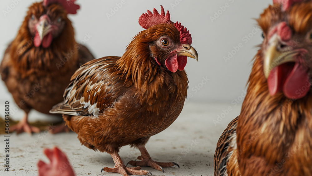 Fototapeta premium The image shows three brown chickens, one facing the camera. They are standing on a light-colored surface.