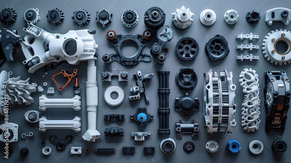 A collection of 3D printed robot parts laid out for assembly, demonstrating precision engineering and modern robotics technology.