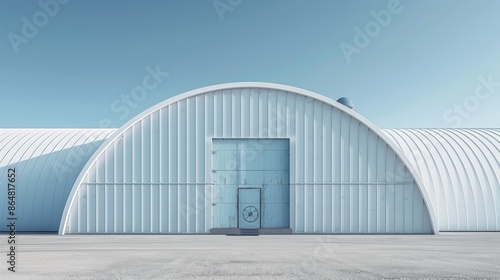 A Quonset hut positioned on a clean, minimalist background, highlighting its durable design and agricultural application. photo