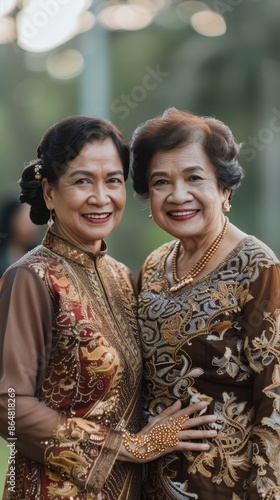 Two women in traditional clothing smile at the camera