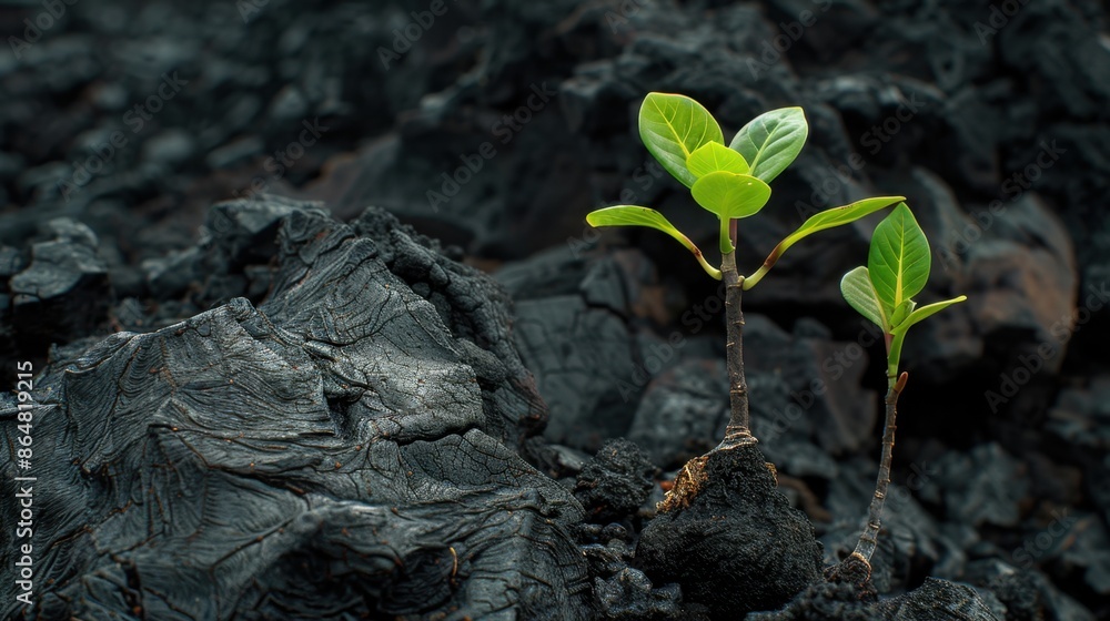 Pioneering plants growing on rugged volcanic soil, captured in a ...