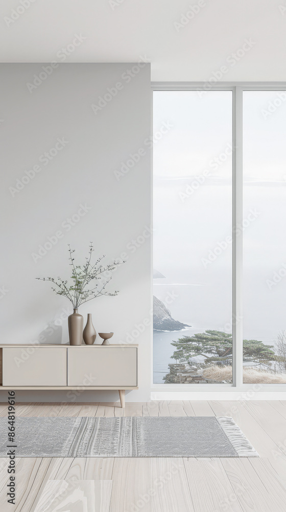Elegant luxury interiors composition with a stylish sideboard next to a window providing natural lighting and minimal or no furniture. Premium residential Real Estate advertising. Elegant luxury interiors composition with a stylish sideboard next to a window providing natural lighting and minimal or no furniture. Premium residential Real Estate advertising.