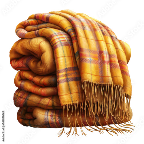Cozy folded plaid blanket with fringe in warm autumn colors, perfect for snuggling during chilly weather or adding a touch of comfort to home decor.