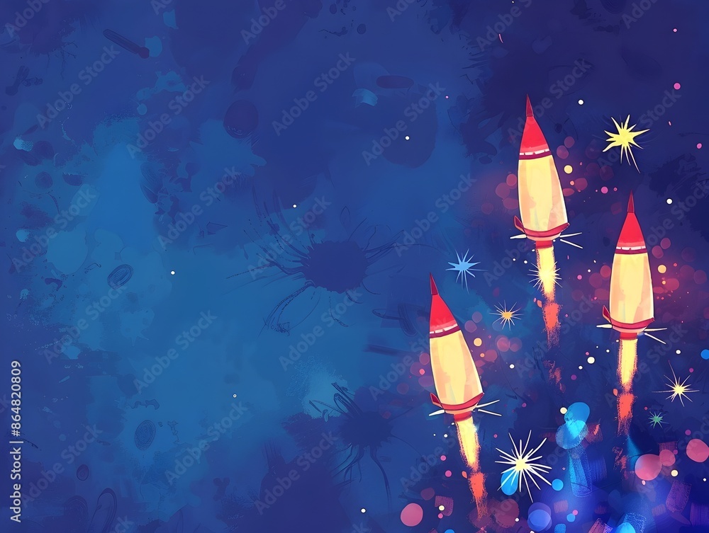 Vibrant Firework Rockets Bursting Against Indigo Background with Copy Space Vibrant Firework Rockets Bursting Against Indigo Background with Copy Space