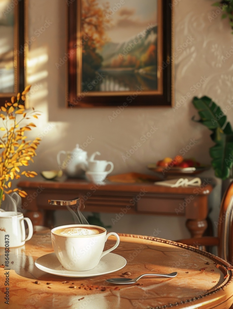 A Steaming Cup of Coffee on a Wooden Table in a Sunlit Room A Steaming Cup of Coffee on a Wooden Table in a Sunlit Room