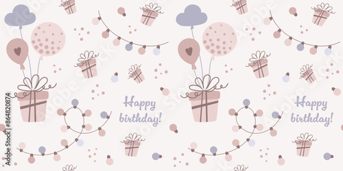 Children's seamless pattern for birthday, wallpaper, fabric, bed linen design. Illustration of balloons, gift box, garland in cartoon design. Vector illustration.
