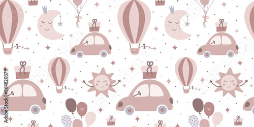 Children's seamless pattern for birthday, wallpaper, fabric, bed linen design. Illustration of balloons, car, sun in cartoon design. Vector illustration.
