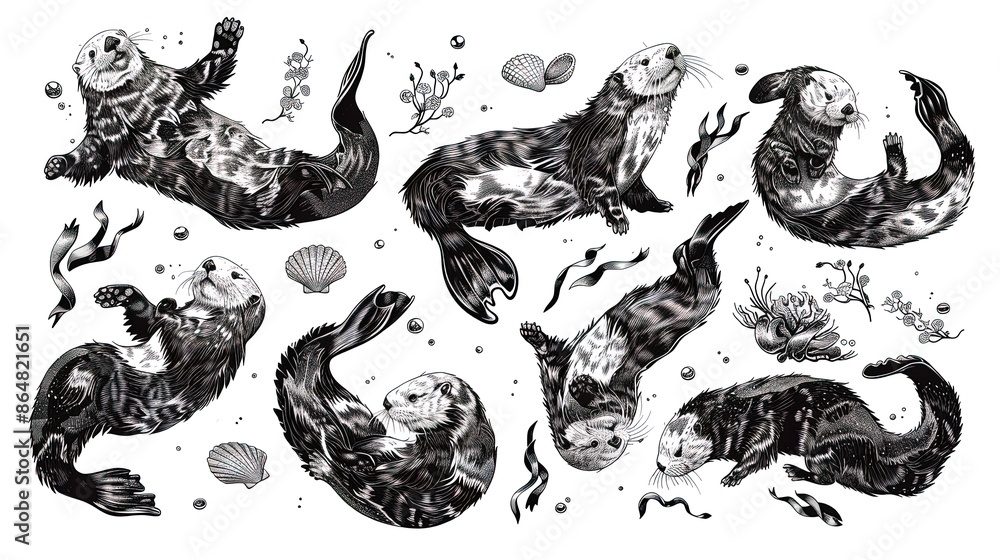 Collection of otters with seashells and seaweed. Black and white hand-drawn illustration. Wildlife and marine life concept for design and print. Design for wallpaper, poster, greeting card, invitation Collection of otters with seashells and seaweed. Black and white hand-drawn illustration. Wildlife and marine life concept for design and print. Design for wallpaper, poster, greeting card, invitation