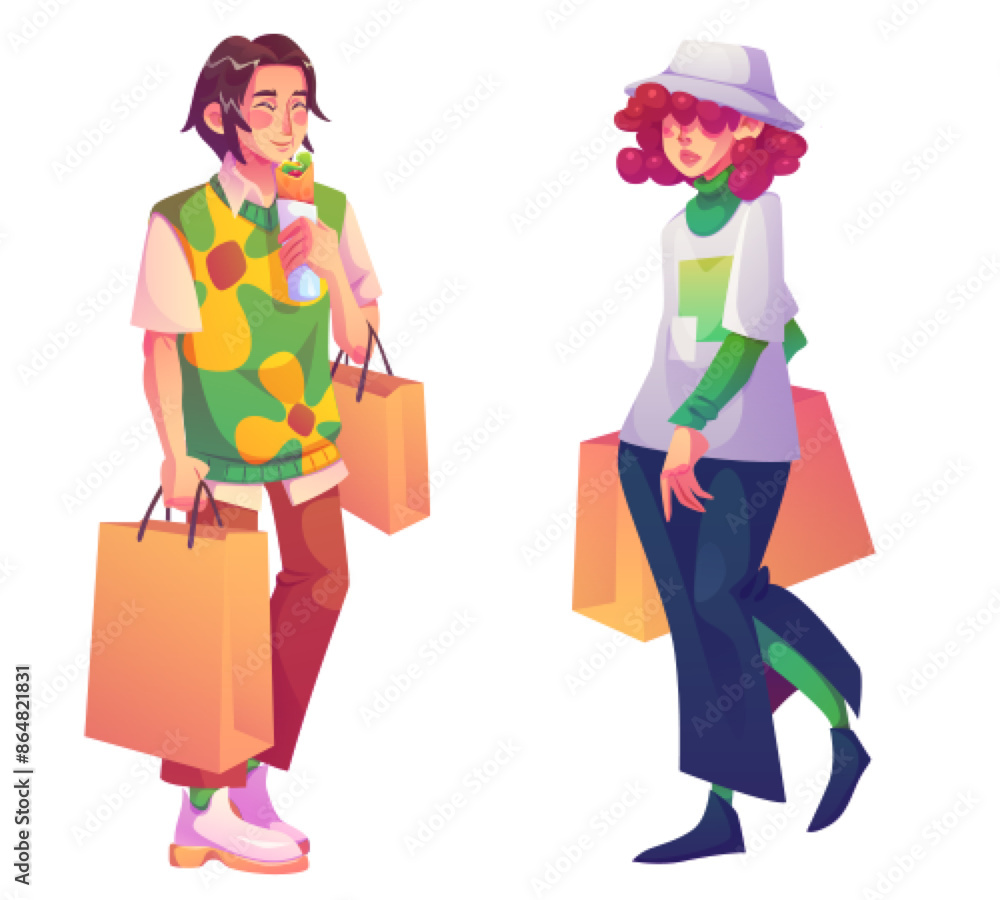 Woman shop with bag. Supermarket character vector. Man in store for black friday. Young lady shopping with package. Male guy customer in market. Ecommerce shopaholic collection isolated cartoon Woman shop with bag. Supermarket character vector. Man in store for black friday. Young lady shopping with package. Male guy customer in market. Ecommerce shopaholic collection isolated cartoon