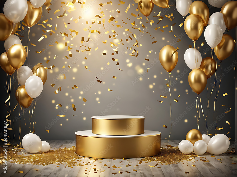 Podium birthday balloon gift gold background product festive golden stand platform winner stage. Balloon 3d confetti birthday party pedestal podium display anniversary scene premium award card banner Podium birthday balloon gift gold background product festive golden stand platform winner stage. Balloon 3d confetti birthday party pedestal podium display anniversary scene premium award card banner