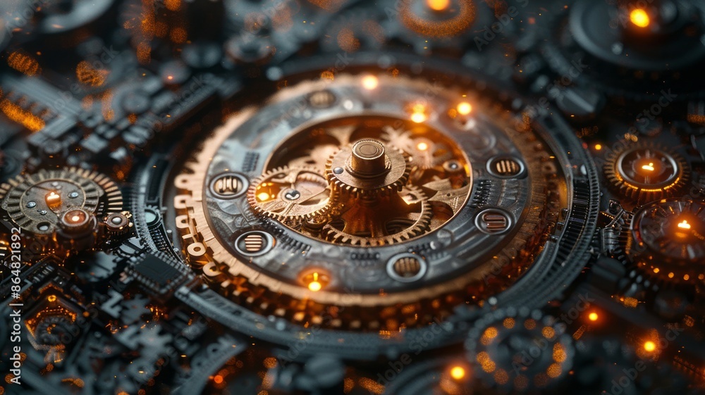 Close-up of intricate steampunk gears and mechanisms Close-up of intricate steampunk gears and mechanisms