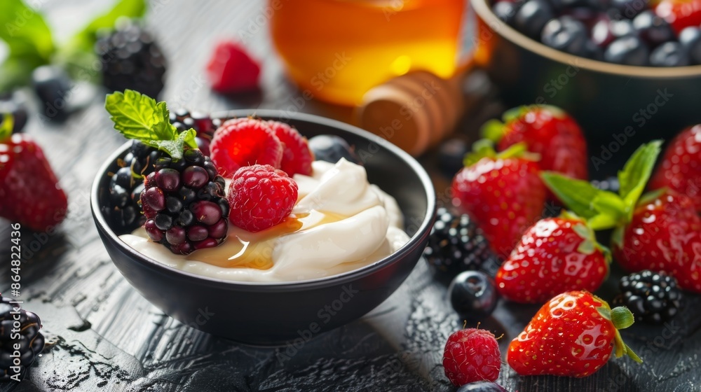 A bowl filled with ripe handpicked berries and topped with a dollop of creamy yogurt next to a jar of locally sourced honey. A bowl filled with ripe handpicked berries and topped with a dollop of creamy yogurt next to a jar of locally sourced honey.