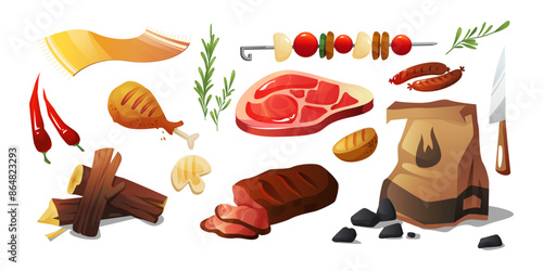 BBQ party food set isolated on white background. Vector cartoon illustration of grilled steak, chicken, vegetables on skewer, chili and mushrooms, firewood and coal package, blanket for summer picnic