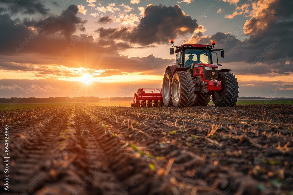 Fototapeta premium The tractor at work - plowing the field to ready it for crops, a symbol of agricultural progress and the relentless effort of farmers to ensure productive harvests.
