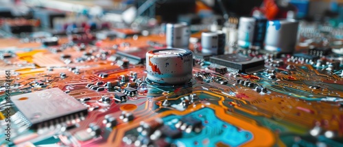 Close-up of a colorful electronic circuit board with various components and intricate patterns. Ideal for technology and electronics concepts. photo