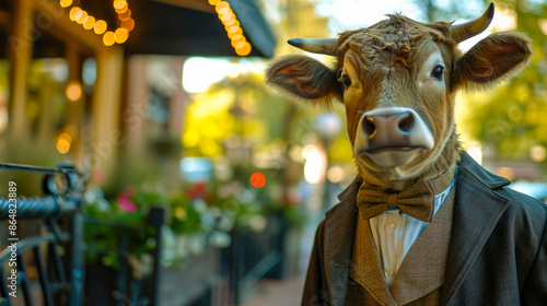 Elegant cow graces city streets in tailored fashion, epitomizing street style. photo