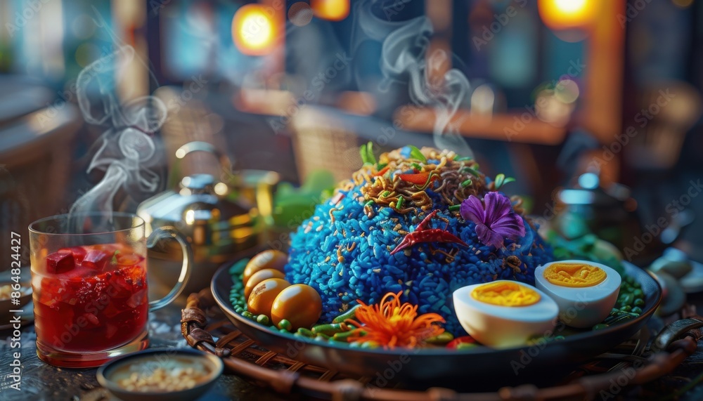 A colorful, traditional Asian meal with blue rice, boiled eggs, vibrant flowers, and a steaming beverage on a rustic table. A colorful, traditional Asian meal with blue rice, boiled eggs, vibrant flowers, and a steaming beverage on a rustic table.