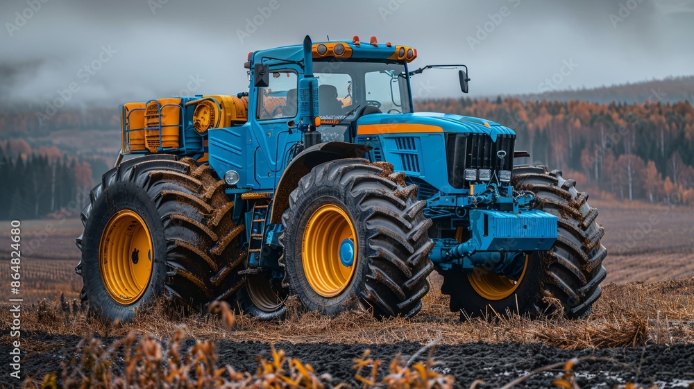 Obraz premium Modern blue tractor in a field during autumn