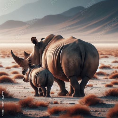 A rhinoceros cow and her calf walking away in the Etosha desert, showcasing their bond and the vast, arid landscape