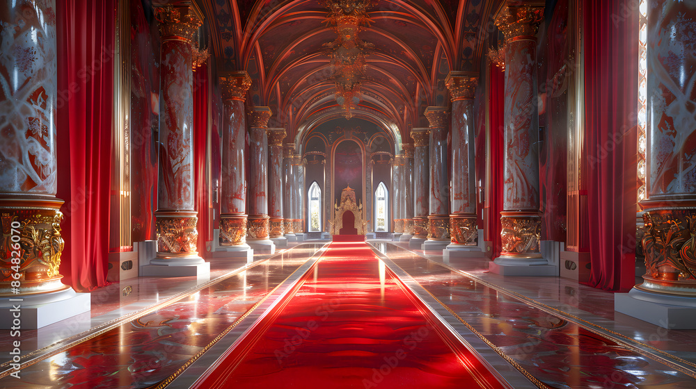 Obraz premium Red carpet leading to a king throne inside of the palace castle