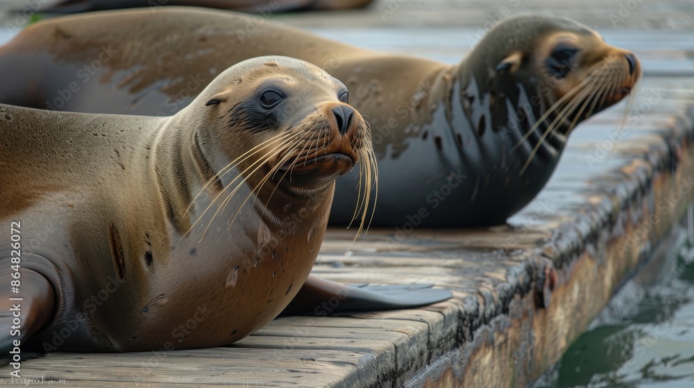 Obraz premium Sea lions basking in the sun on a dock