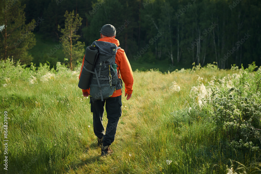 Back view wide shot of unrecognizable tourist wearing backpack hiking along meadow on summer day, copy space Back view wide shot of unrecognizable tourist wearing backpack hiking along meadow on summer day, copy space
