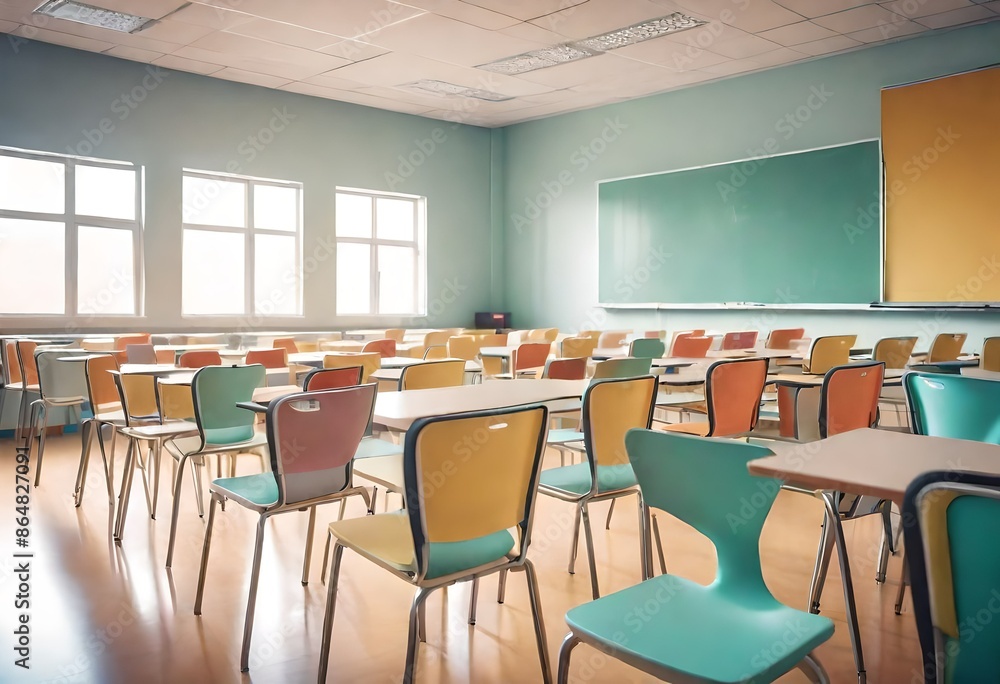 Fototapeta premium chairs in the class room, open windows and illuminated class room