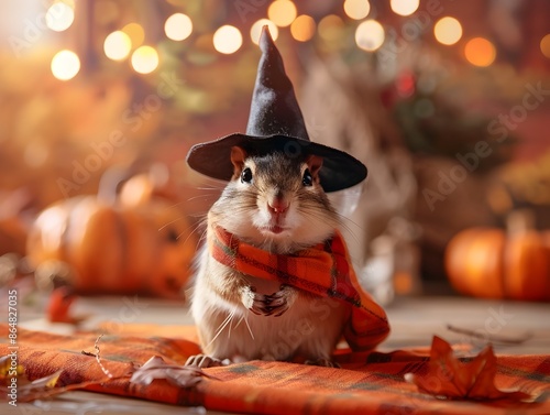 Playful Costumed Chipmunk in Halloween-Themed Autumn Photograph