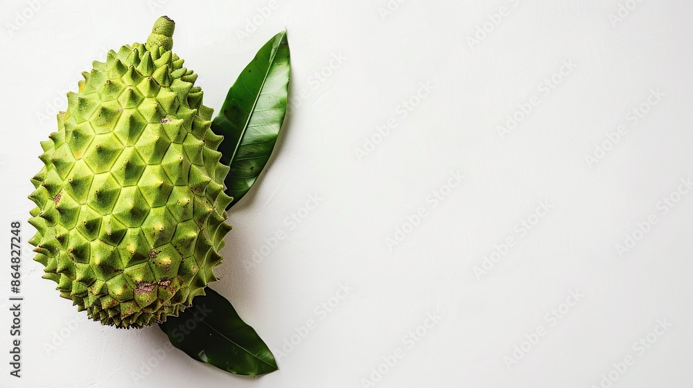 Green Durian with Leaves on White Background Green Durian with Leaves on White Background