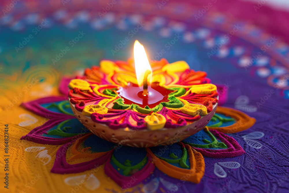 Traditional oil lamp with colorful rangoli design on diwali festival Traditional oil lamp with colorful rangoli design on diwali festival