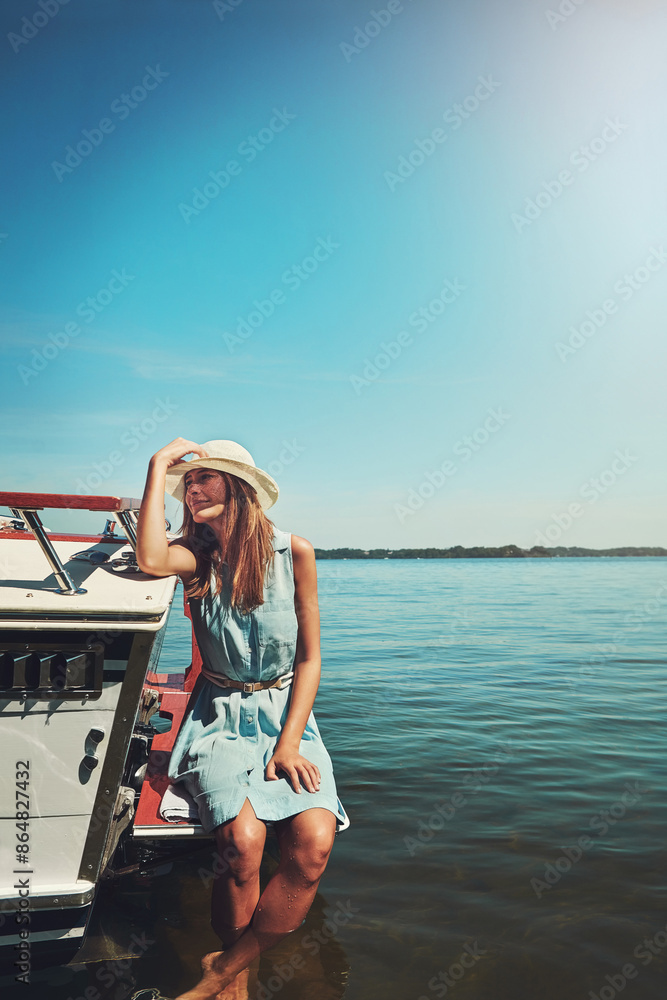 Fototapeta premium Space, relax or happy woman on boat in ocean for travel, vacation or holiday on summer adventure. Mockup, tourist or person with smile, peace or inspiration on yacht on sea for weekend trip in Greece