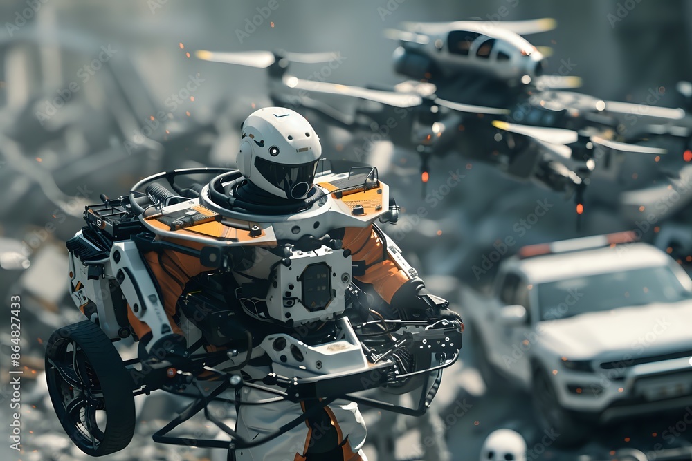 Futuristic rescue robot with drones surveying disaster zone, concept of technology, emergency response, and innovation. Futuristic rescue robot with drones surveying disaster zone, concept of technology, emergency response, and innovation.