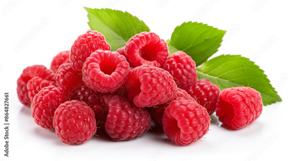 Ripe raspberries with leaf isolated on a white background Ripe raspberries with leaf isolated on a white background