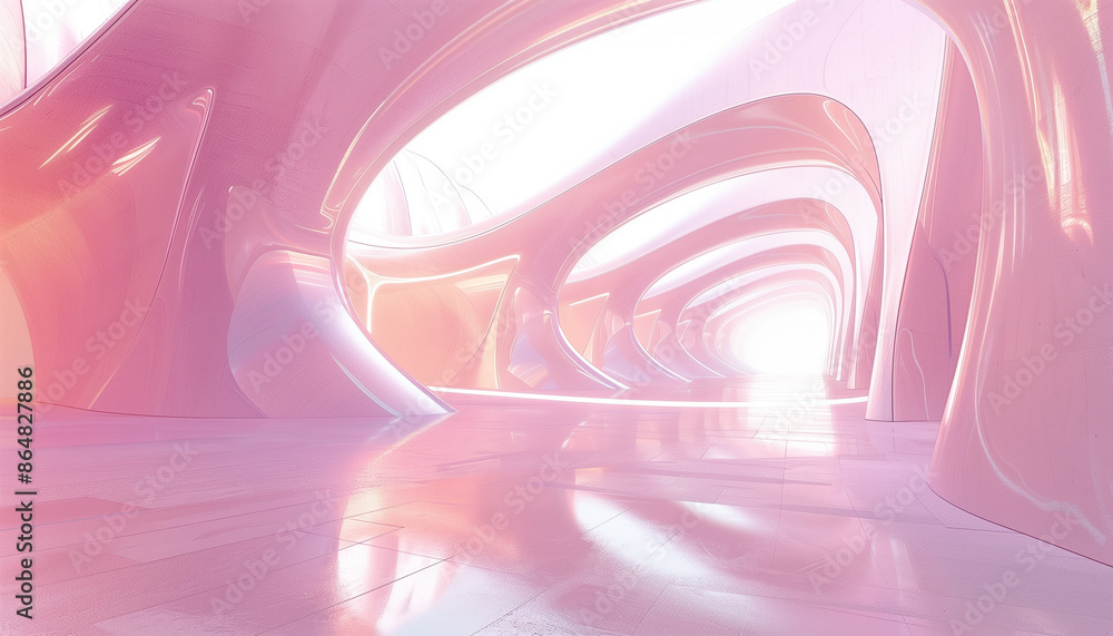 Obraz premium A mesmerizing, contemporary design space filled with soft pink tones and curving, fluid structures, where light reflects off the glossy surfaces to create a serene and enchanting atmosphere that feels