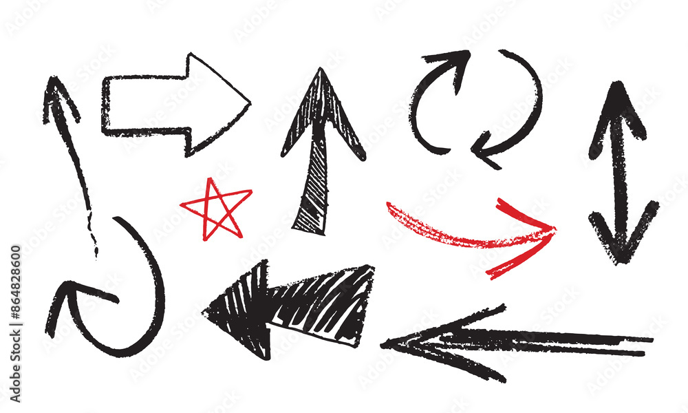 Fototapeta premium Set of charcoal arrows isolated on white background. Hand drawn chalked pencil doodle symbols. Different black grunge wavy lines, red star freehand modern stock-vector illustration.