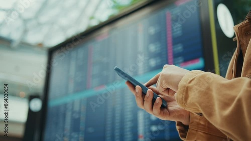 Hands of traveler using smartphone checking his flight status and self check-in nearby arrivals board, travel and tourist in airport and transportation