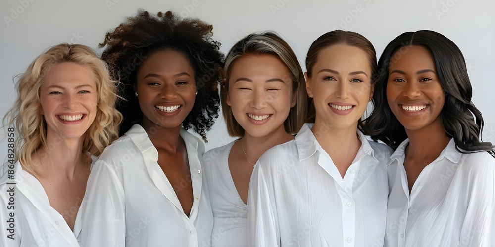 Four diverse women confidently celebrating natural beauty in white shirts smiling happily. Concept Fashion, Diversity, Women Empowerment, Confidence, Natural Beauty Four diverse women confidently celebrating natural beauty in white shirts smiling happily. Concept Fashion, Diversity, Women Empowerment, Confidence, Natural Beauty