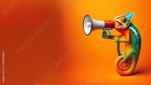 Fototapeta Naklejka Na Ścianę i Meble -  Creative announcement concept. A vibrant chameleon appears to be shouting into a megaphone against a solid orange background