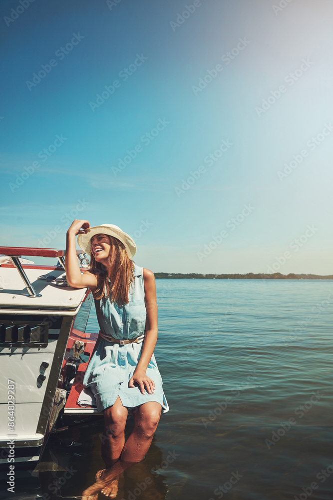 Space, laughing or happy woman on boat in ocean for travel, vacation or holiday on summer adventure. Mockup, relax or girl with smile, peace or inspiration on yacht on sea for weekend trip in Greece Space, laughing or happy woman on boat in ocean for travel, vacation or holiday on summer adventure. Mockup, relax or girl with smile, peace or inspiration on yacht on sea for weekend trip in Greece