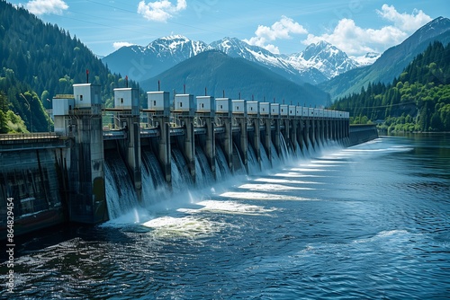 hydroelectric dam nestled in a serene mountainous landscape. The dam spans across a tranquil river, with water cascading through its sluice gates, generating renewable energy. photo
