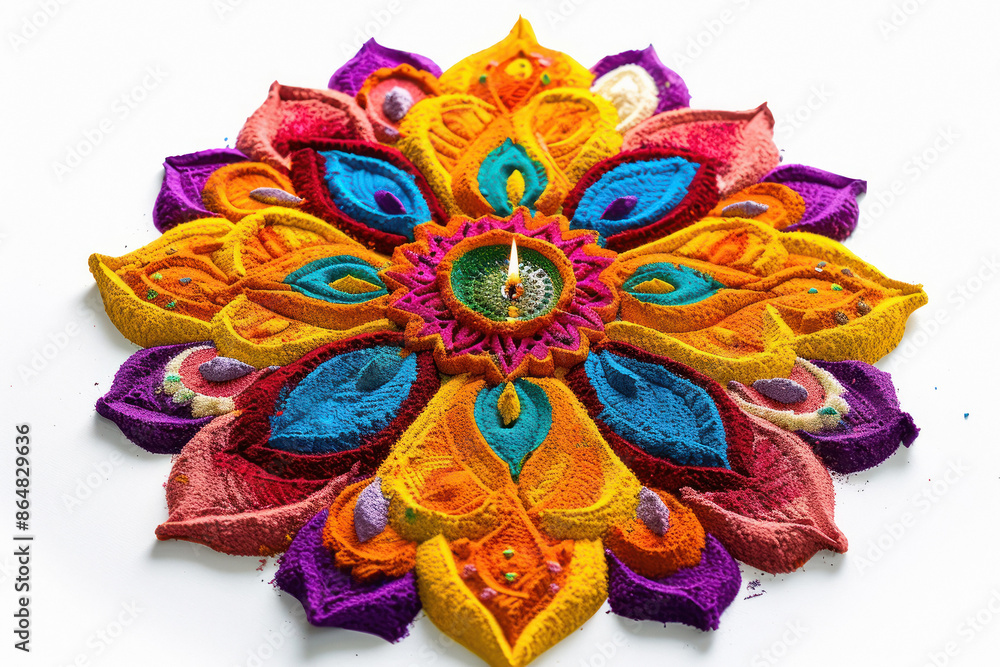 Obraz premium Traditional oil lamp with colorful rangoli design on diwali festival