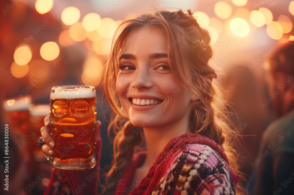 Beautiful woman smiling and holding a beer mug at a party Beautiful woman smiling and holding a beer mug at a party