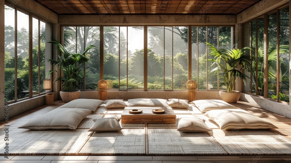 A modern zen room features a large window with a view of lush green foliage. The room is furnished with floor cushions and a wooden table, creating a tranquil atmosphere. A modern zen room features a large window with a view of lush green foliage. The room is furnished with floor cushions and a wooden table, creating a tranquil atmosphere.