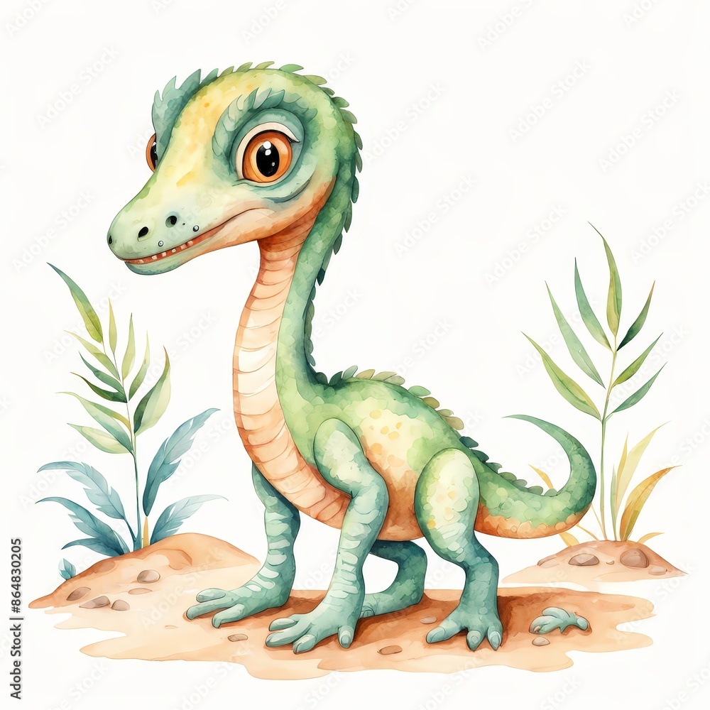 Obraz premium Cute Green Dinosaur Watercolor Illustration.