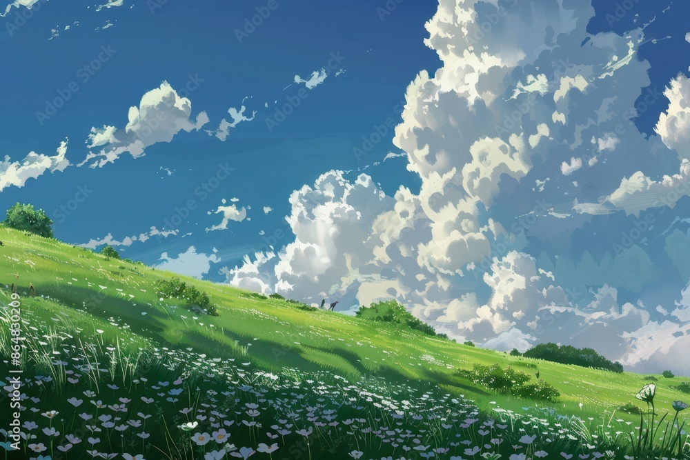 Fototapeta premium Stunning Anime Style Landscape of rolling green hills and bright blue sky with fluffy clouds. Beautiful cartoon background. Perfect for wallpaper, screensaver, or digital art.