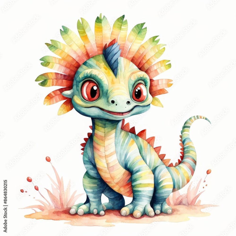 Obraz premium Watercolor Illustration of a Cute Colorful Dragon.