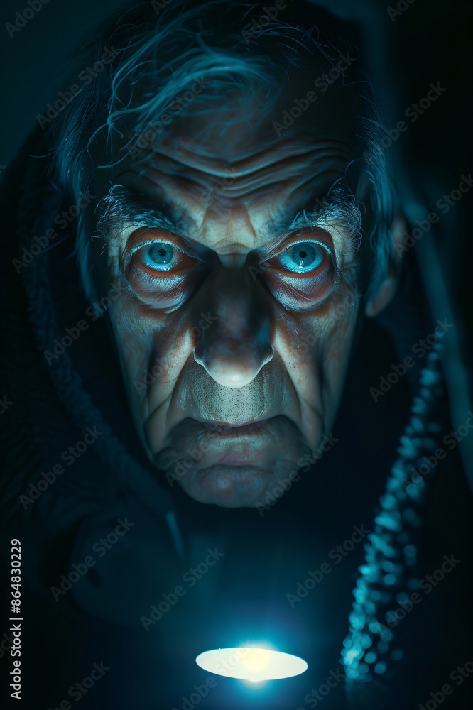 Senior man holding flashlight looking up with scary expression Senior man holding flashlight looking up with scary expression
