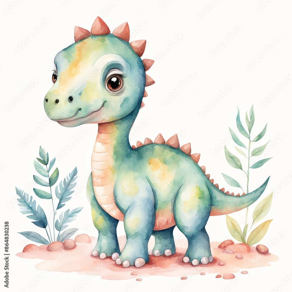 Naklejka premium Cute Cartoon Dinosaur Watercolor Illustration.