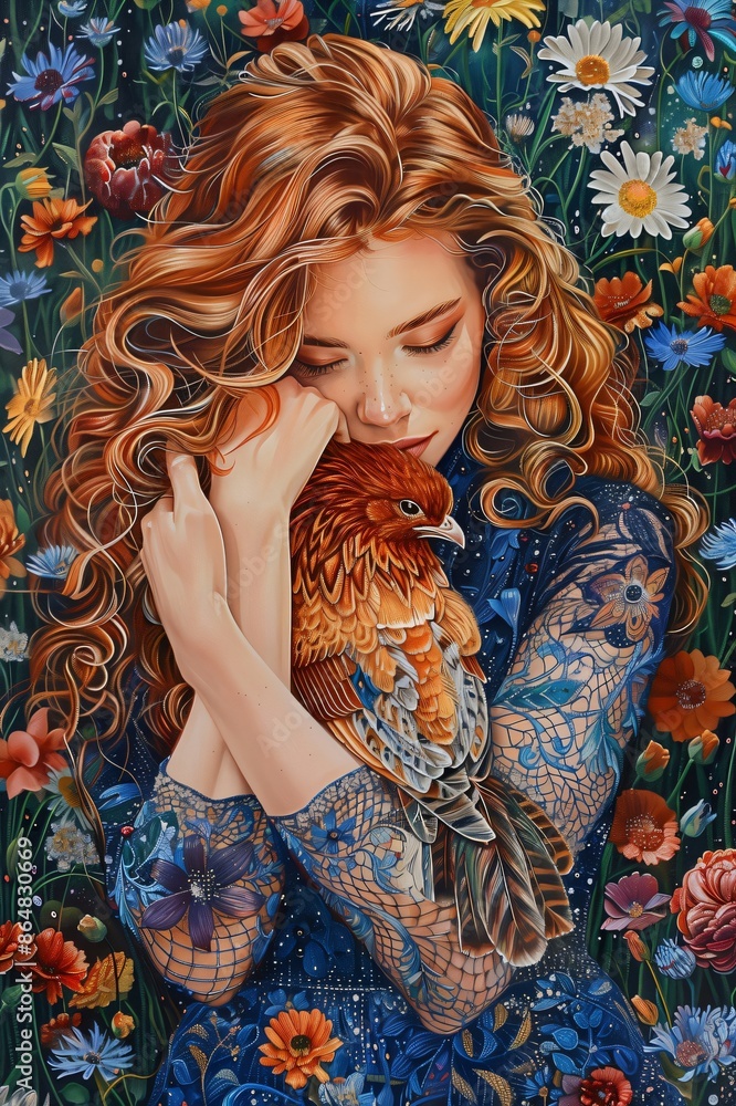 Redhead model holding bird with flowers background Redhead model holding bird with flowers background